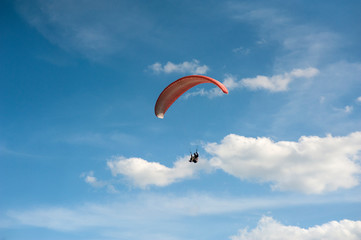 Red paraglider is flying in the blue sky against the background of clouds. Paragliding in the sky on a sunny day.