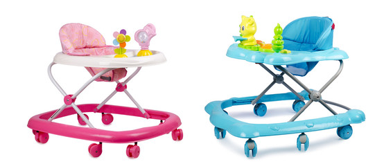 Baby walker with toys isolated on white