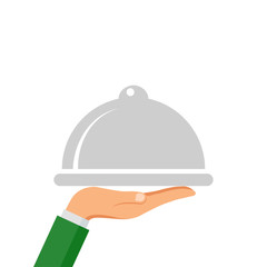 Serving dinner tray for waiter isolated on white background. Logo for restaurant. Vector flat cartoon design