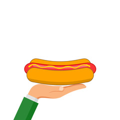 Hot dogin hand isolated on white background. Sausage with bread, ketchup, mustard. Fast food concept. Vector cartoon design