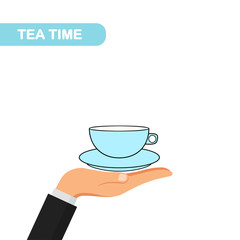 Hand hold tea cup isolated on white background.  Mug of hot herbal drinks. Breakfast time. Vector flat icon