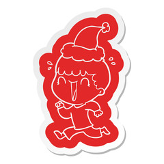 laughing cartoon  sticker of a man wearing santa hat