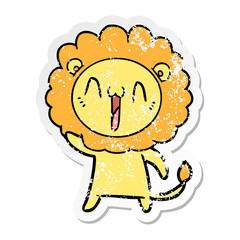 distressed sticker of a happy cartoon lion