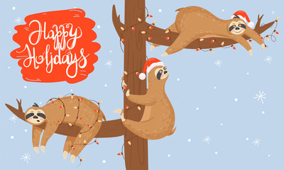 Christmas and Happy New Year card with slothes. Cute lazy slothes hanging on a branch. Animal wearing Santa hat and garland. Vector illustration. © CoCoArt_Ua