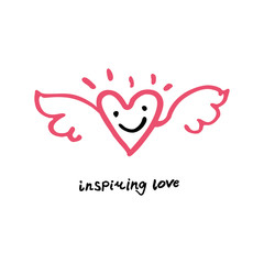 Inspiring love. Hand drawn logo line art wings and heart and face smile. Can be used for different designs, for example a print on a t-shirt.