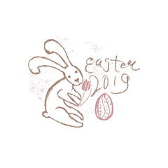 Easter 2019. Vector illustration imitating pencil drawing. Easter bunny, inscription and easter egg.