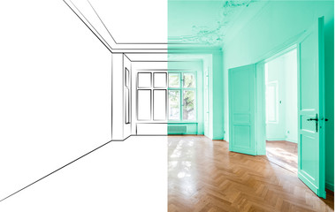 empty empty apartment room after renovation and design planning sketch merged -