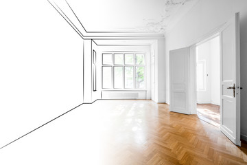 drawing and photo of empty apartment room merged - interior design concept -
