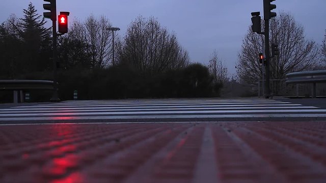 Vista lateral, a nivel  del suelo, de paso de peatones marcado en el asfalto por donde cruzan coches en ambas direcciones   y sem&aacute;foros encendidos en los extremos. Al Anochecer