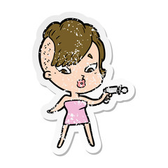 distressed sticker of a cartoon surprised girl with ray gun