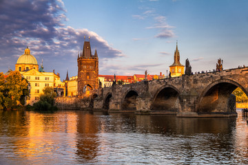Charles Bridge at the Vltava River at sunset, Prague, Czech Republic, Europe.