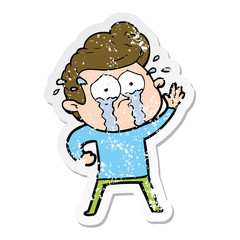 distressed sticker of a cartoon crying man waving