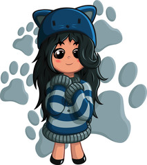  Cartoon style digital art of cute girl who loves kittens. illustration of child wearing coat, addicted to cats.