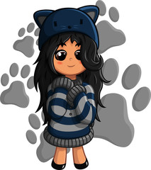 2D cartoon style art of young girl wearing a cat costume and coat, with cat paws in the background