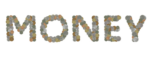 MONEY word with Old Coins on white background