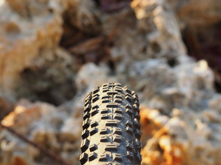 view of a mountain bike wheel. top down view.