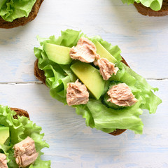 Tuna sandwiches with avocado and lettuce leaves