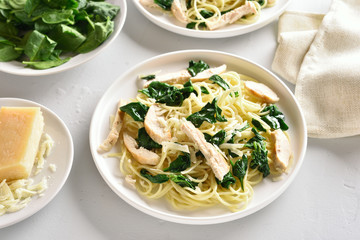 Spaghetti with spinach leaves, grilled chicken breast and cheese