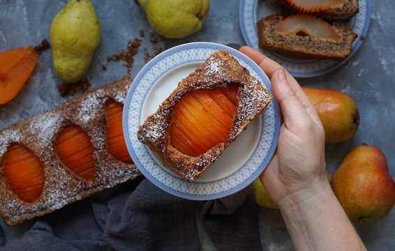 saffron pear frangipane tart