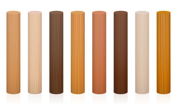 Wooden posts. Collection of wooden rods, different colors, glazes, textures from various trees to choose - brown, dark, gray, light, red, yellow, orange decor models - vector on white background.