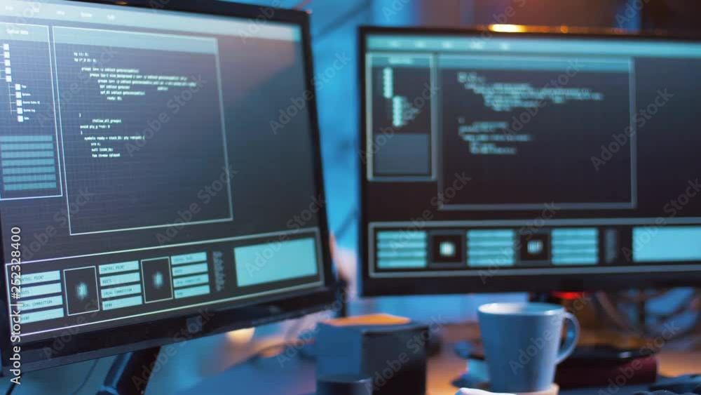 Poster cybercrime, hacking and technology concept - female hacker in dark room creating code or using compu