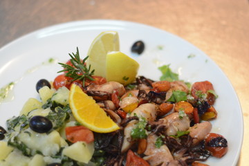 food, seafood, meal, fish, wooden, lemon, restaurant, delicious, hand, fresh, nutrition, man, lunch, serving, fillet, portion, organic, kitchen, healthy, gourmet, prepared, board, closeup, dinner, gri