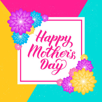 Happy Mother???s Day calligraphy lettering with colorful spring flowers. Origami paper cut style vector illustration. Template for Mothers day party invitations, greeting cards, tags, flyers, banners.