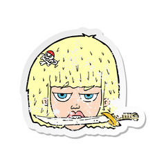 retro distressed sticker of a cartoon woman holding knife between teeth