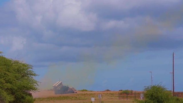 2018 - Anti aircraft HIMARS rockets are launched from a mobile launcher.