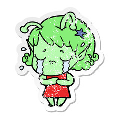 distressed sticker of a cartoon crying alien girl