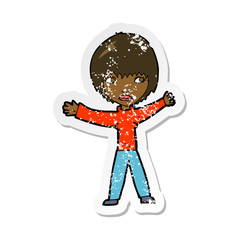 retro distressed sticker of a cartoon waving woman