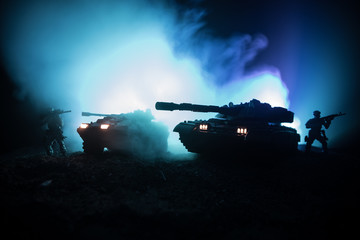 War Concept. Military silhouettes fighting scene on war fog sky background, World War German Tanks...