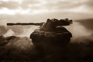 War Concept. Military silhouettes fighting scene on war fog sky background, World War Soldiers...