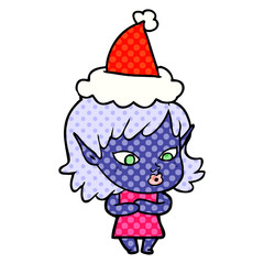pretty comic book style illustration of a elf girl wearing santa hat