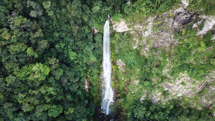 Bejuco Falls Waterfall in Pico Bonito National Park in Honduras. Aerial drone photo from above. Tall, big, dramatic and powerful waterfall in the jungle.  - obrazy, fototapety, plakaty