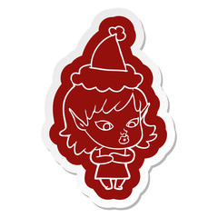 pretty cartoon  sticker of a elf girl wearing santa hat