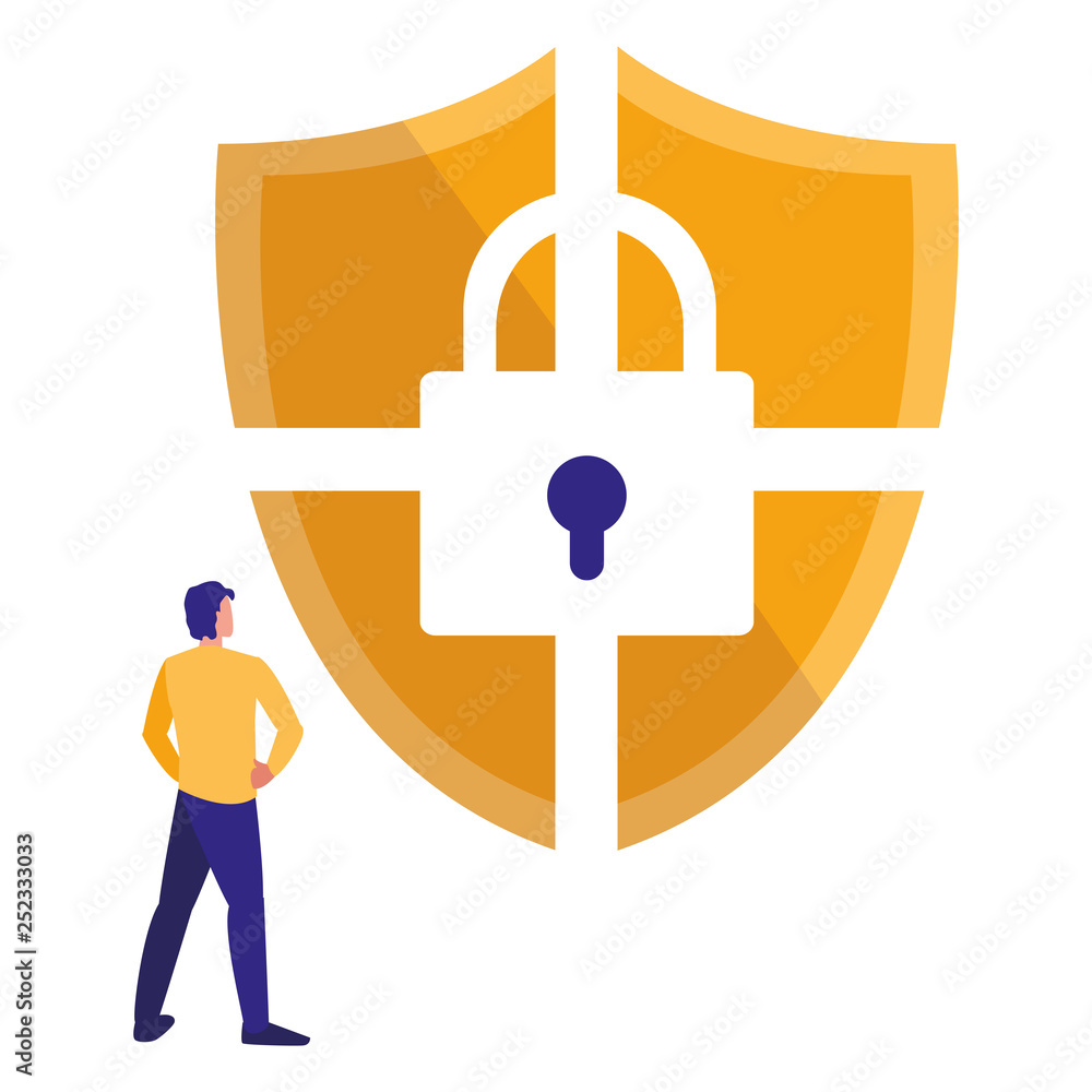 Poster man using shield security with padlock