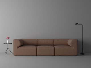 Minimal style living room 3d render,There are gray floor and wall,funished with red brown fabric sofa.decorate with black steel lamp