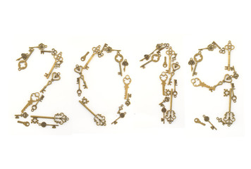 Decorative keys of different sizes, stylized antique on a white background. Form the centerpiece. 2019
