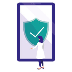 woman using smartphone with shield and ok symbol