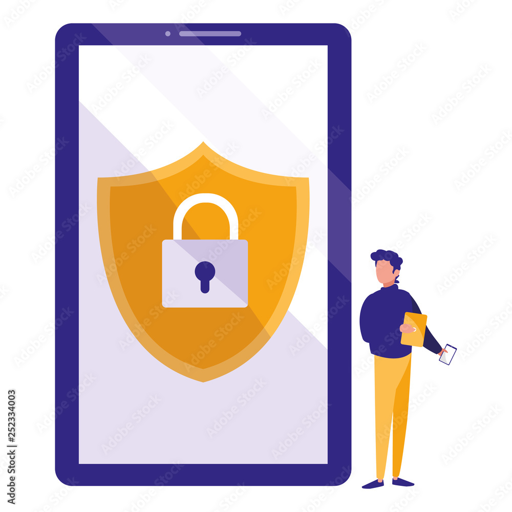 Poster man using smartphone with shield and padlock