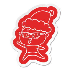 cartoon  sticker of a happy woman wearing spectacles wearing santa hat