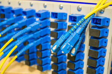 Network fiber-optic Internet equipment. Optical patchcords are in the server room data center