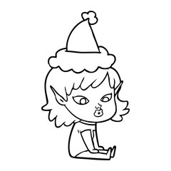 pretty line drawing of a elf girl wearing santa hat