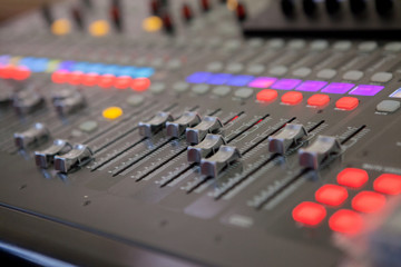 Sound recording studio mixing desk. Music mixer control panel