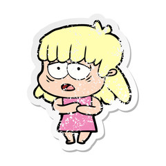 distressed sticker of a cartoon tired woman