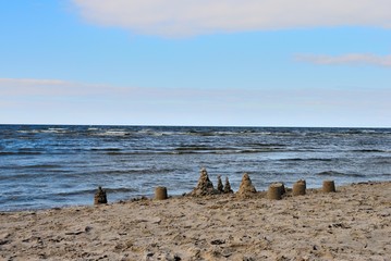 Sand castle on the beach in Jurmala resort town near Riga, Latvia