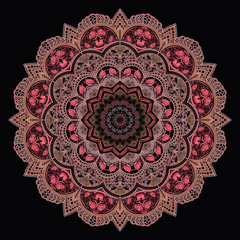 Mandala - vector drawing, floral motifs, harmonious colors. The drawing imitates embroidery, napkin or tablecloth. Design for walls, wallpapers or panels. Shades of pink, beige, gray and dark blue.