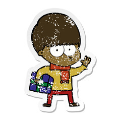 distressed sticker of a nervous cartoon boy