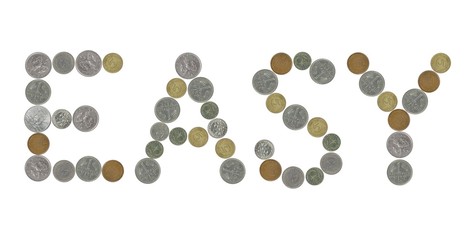EASY word with old coins on white background